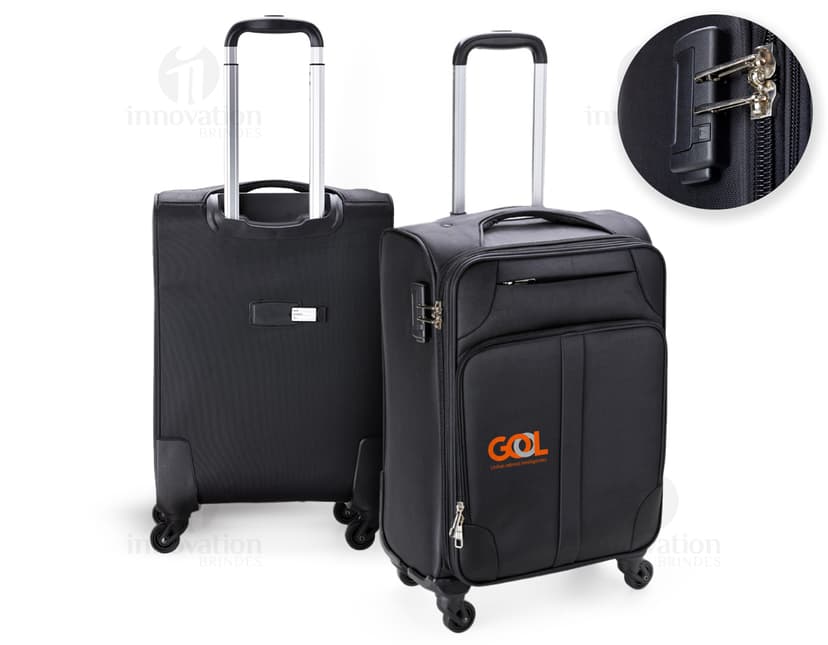 Mala de viagem de 48 litros em couro preto, moderna e elegante, ideal para viagens a negócios. Inclui alça de mão, compartimento para laptop, fecho com suporte de metal e diversas opções de armazenamento.