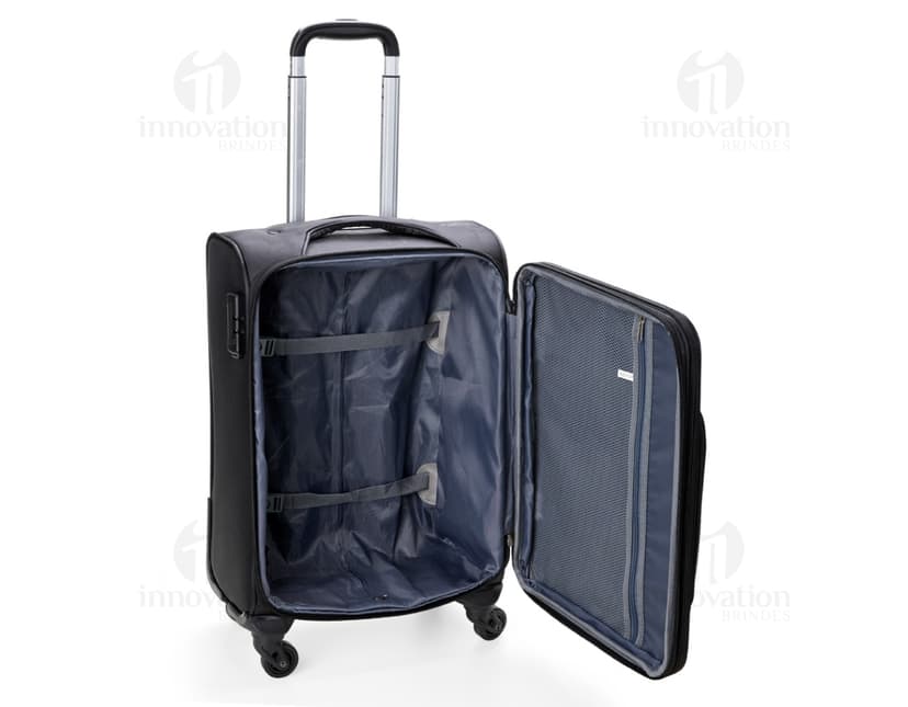 Mala de viagem de 48 litros em couro preto, moderna e elegante, ideal para viagens a negócios. Inclui alça de mão, compartimento para laptop, fecho com suporte de metal e diversas opções de armazenamento.