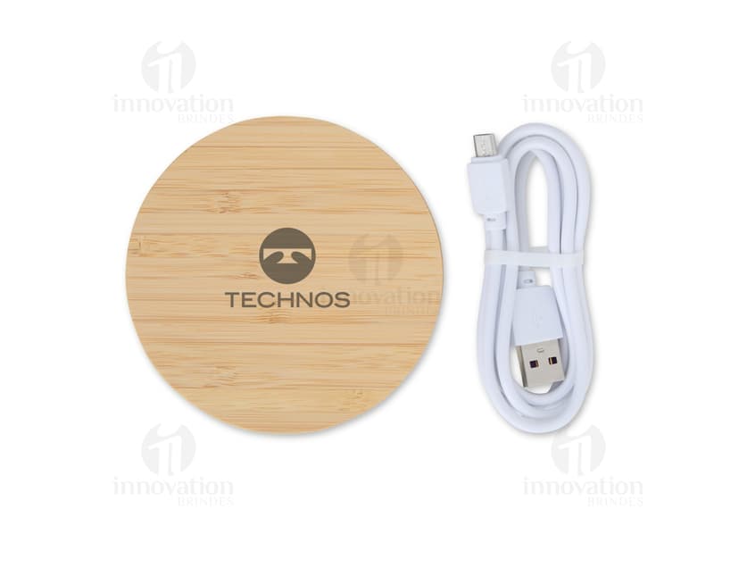Carregador de indução com design em bambu e luz LED. Ideal para carregar dispositivos eletrônicos de forma prática e moderna.