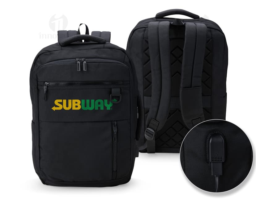Mochila de nylon preta de 20 litros para viagem e trabalho, com alça de couro, zíper, alça de mão e design moderno e elegante. Ideal para executivos e profissionais bem-sucedidos.