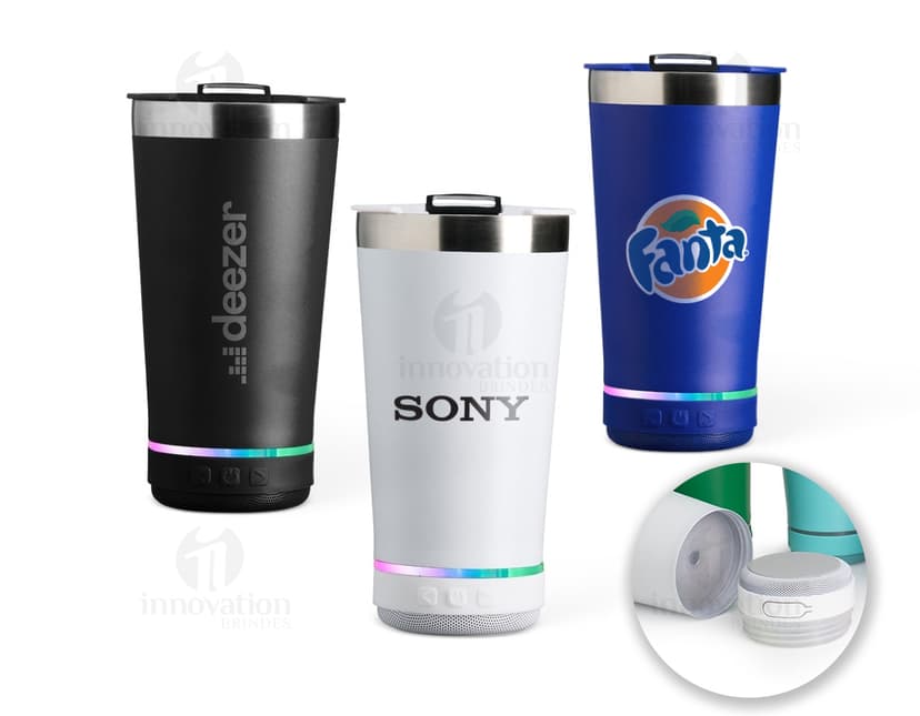 Container de alta qualidade, elegante e funcional, apresentando um copo térmico em aço inoxidável com caixa de som integrada. Perfeito para drinks gelados, sucos frescos, café quente ou qualquer outra bebida de sua preferência. O design moderno e prático torna o copo ideal para festas, bar, café da manhã ou qualquer ocasião especial. A combinação de tecnologia e estilo, com a praticidade do copo térmico e a diversão da caixa de som, proporciona uma experiência única e inovadora.