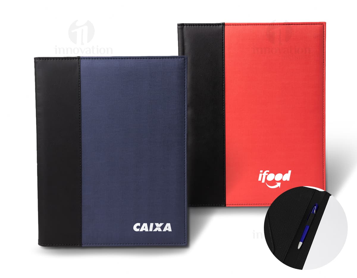 Pasta de convenção em couro para documentos e caneta. Ideal para reuniões de negócios, feiras e eventos. Design elegante e prático. Compre já!