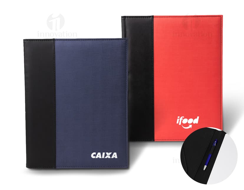 Pasta de convenção em couro para documentos e caneta. Ideal para reuniões de negócios, feiras e eventos. Design elegante e prático. Compre já!