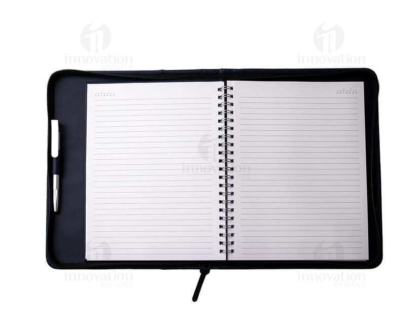 Pasta caderno de couro sintético para organizar seus documentos com estilo e praticidade. Ideal para o escritório ou reuniões de negócios. Encomende já a sua!