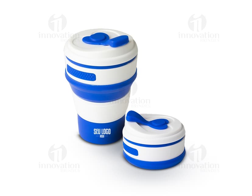 Copo retrátil de silicone de 350ml em um conjunto de objetos metálicos e plásticos, incluindo latas, garrafas, barris e recipientes de metal. A imagem mostra uma variedade de recipientes de armazenamento e objetos coloridos e brilhantes, representando indústria, finanças e sucesso.
