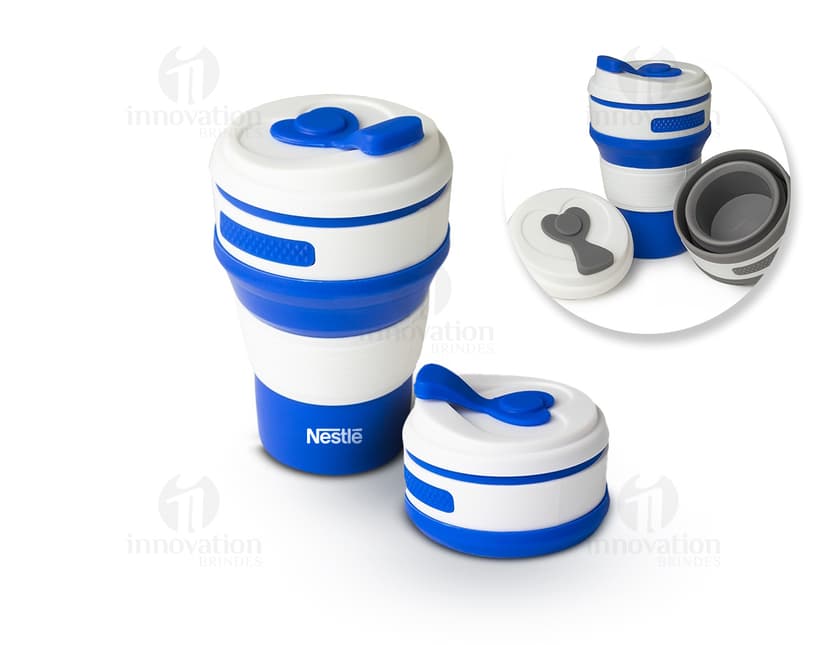 Copo retrátil de silicone de 350ml em um conjunto de objetos metálicos e plásticos, incluindo latas, garrafas, barris e recipientes de metal. A imagem mostra uma variedade de recipientes de armazenamento e objetos coloridos e brilhantes, representando indústria, finanças e sucesso.
