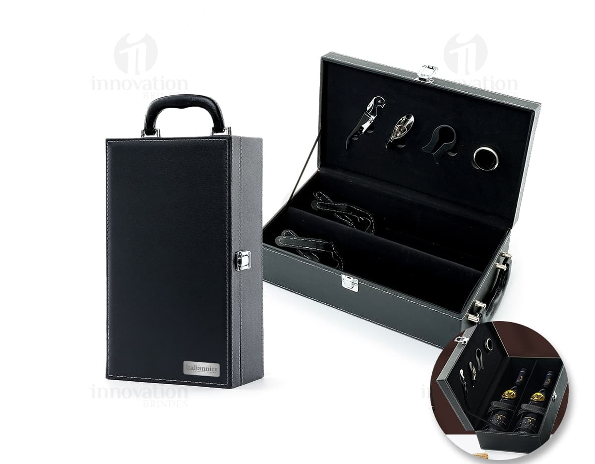 Maleta de vinho de 4 peças em veludo preto, contendo acessórios de negócios e equipamentos tecnológicos, como notebook, dinheiro, papel, chave, câmera e pen drive.