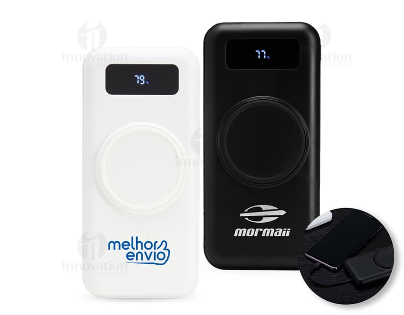 Power bank com capacidade de 10.000mAh com tecnologia de indução, ideal para carregar dispositivos eletrônicos como celulares, tablets e outros aparelhos. O design moderno e prático permite carregar o power bank sem a necessidade de cabos, proporcionando maior comodidade. Perfeito para uso em viagens, festas e atividades ao ar livre. Cor preta, garantindo um visual elegante e discreto.