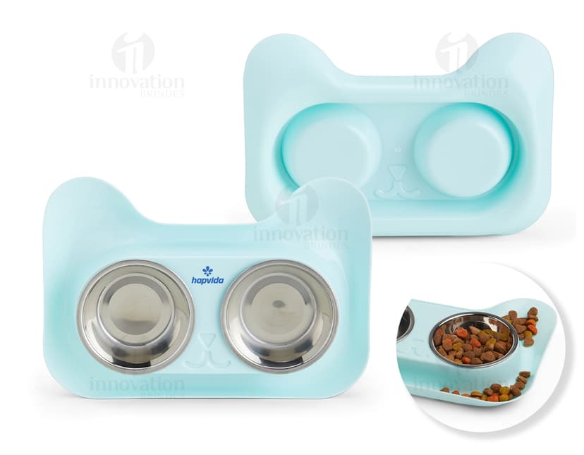 Tigela de aço inoxidável para animais com design moderno e brilhante, feita de metal prateado e circular. A imagem mostra uma tigela vazia com reflexos, adequada para uso em ambientes internos e externos.