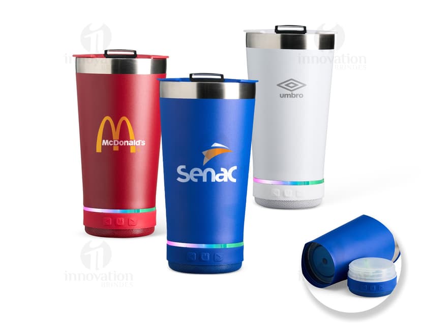 Copo térmico inox de 400ml com caixa de som.