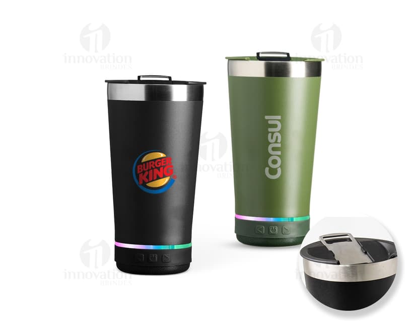Copo térmico inox de 400ml com caixa de som.