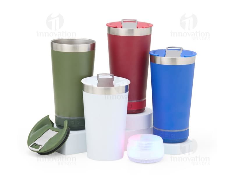 Copo térmico inox de 400ml com caixa de som.