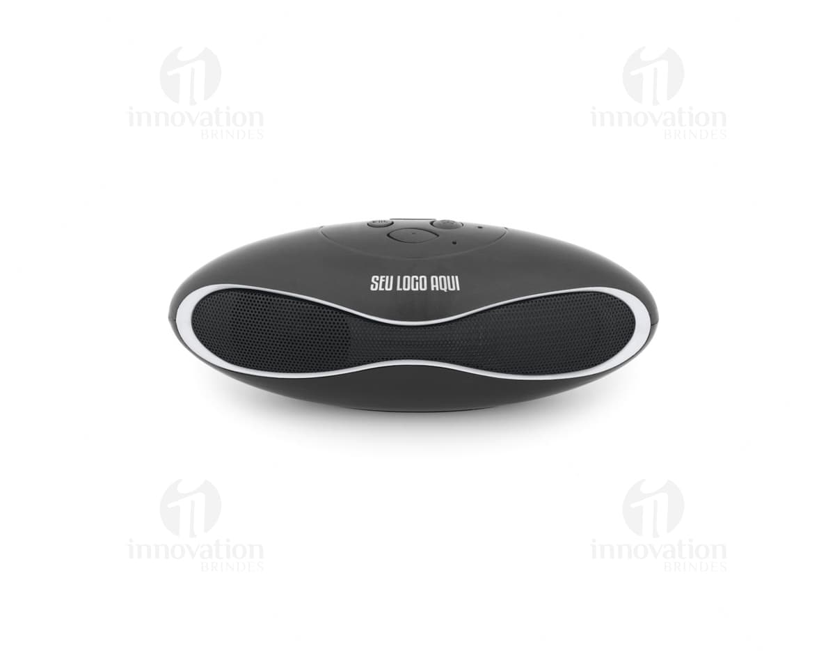 Caixa de som em ABS com microfone na cor preta e prata, desenhada especialmente para otimizar a experiência de áudio ao conectar-se a dispositivos eletrônicos. Ideal para ambientes de trabalho, escritórios e uso pessoal devido à sua tecnologia avançada e design moderno.