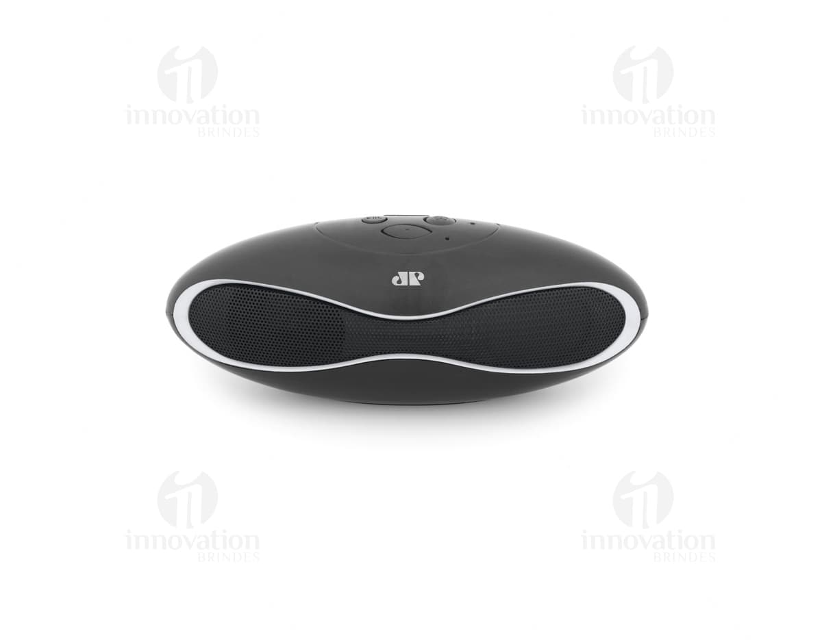 Caixa de som em ABS com microfone na cor preta e prata, desenhada especialmente para otimizar a experiência de áudio ao conectar-se a dispositivos eletrônicos. Ideal para ambientes de trabalho, escritórios e uso pessoal devido à sua tecnologia avançada e design moderno.