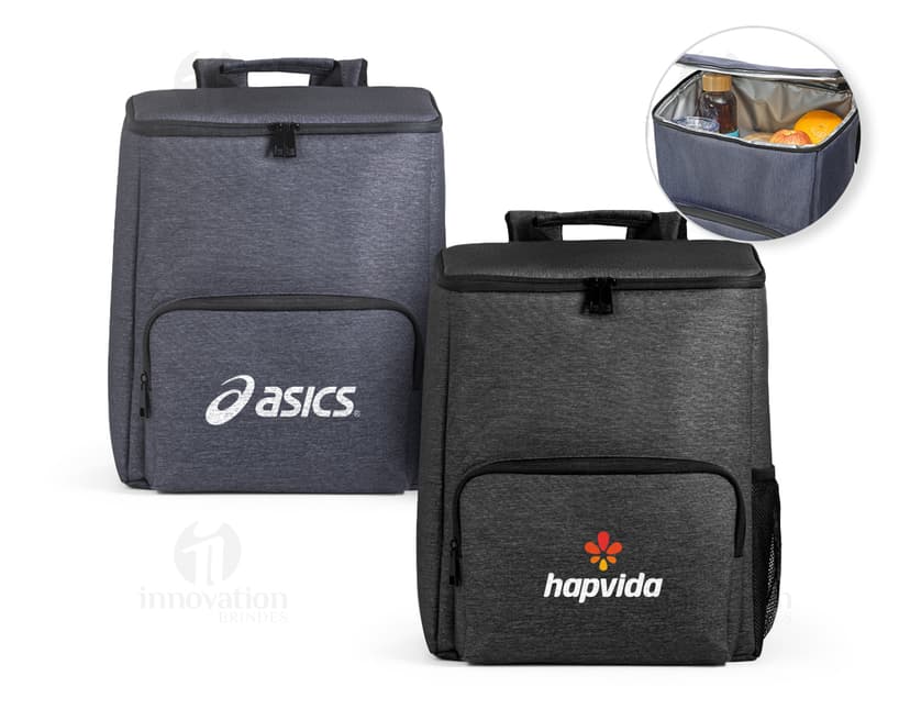 Mochila com isolamento térmico em couro preto, com zíper e alça. Ideal para viagens, armazenamento de objetos e elegância no estilo pessoal.