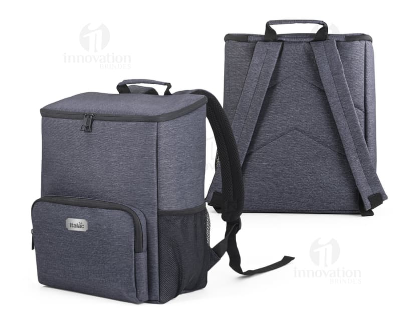 Mochila com isolamento térmico em couro preto, com zíper e alça. Ideal para viagens, armazenamento de objetos e elegância no estilo pessoal.