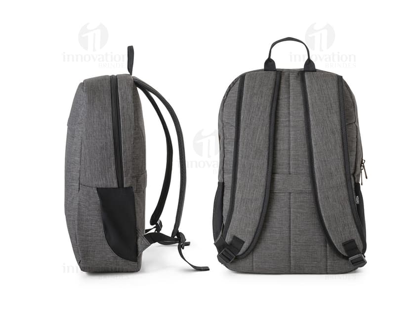 Mochila notebook portátil 300D reciclado preta feita de couro, com alça de mão, alça de ombro, zíper, bolso e compartimentos para armazenamento. Ideal para viagens, negócios e aventuras. Elegante e moderna.