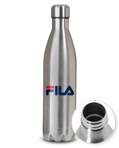 Garrafa térmica inox de 750ml, em um fundo brilhante e vibrante, com reflexo e brilho.