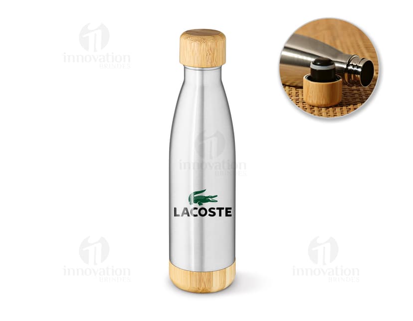 Garrafa de aço inox vazia, transparente e com tampa dourada, em um ambiente limpo e bem iluminado, com reflexos nítidos.
