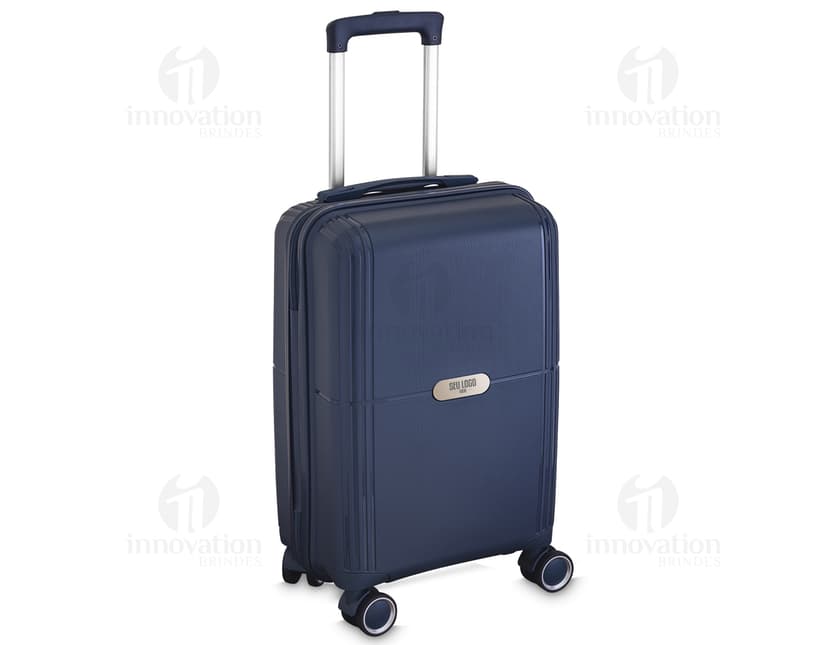 Mala de bordo de design moderno, feita de metal prateado, vazia e aberta. Na imagem, vemos a mala com alça, símbolo de viagem e armazenamento de bagagem para negócios ou lazer.