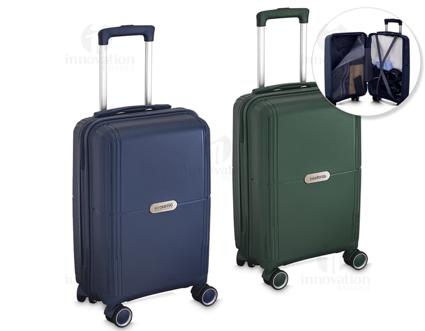 Mala de bordo moderna em metal preto com design 3D, alça, espaço vazio, adequada para viagens de negócios e férias.