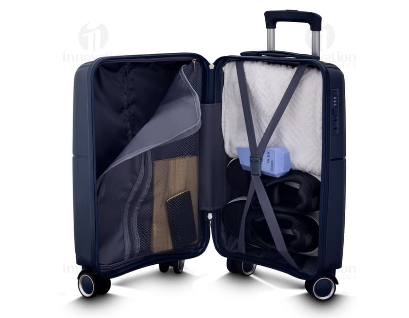 Mala de bordo preta de couro com alça de metal, possui compartimento para laptop e diversos objetos. Ideal para viagens de negócios ou lazer.