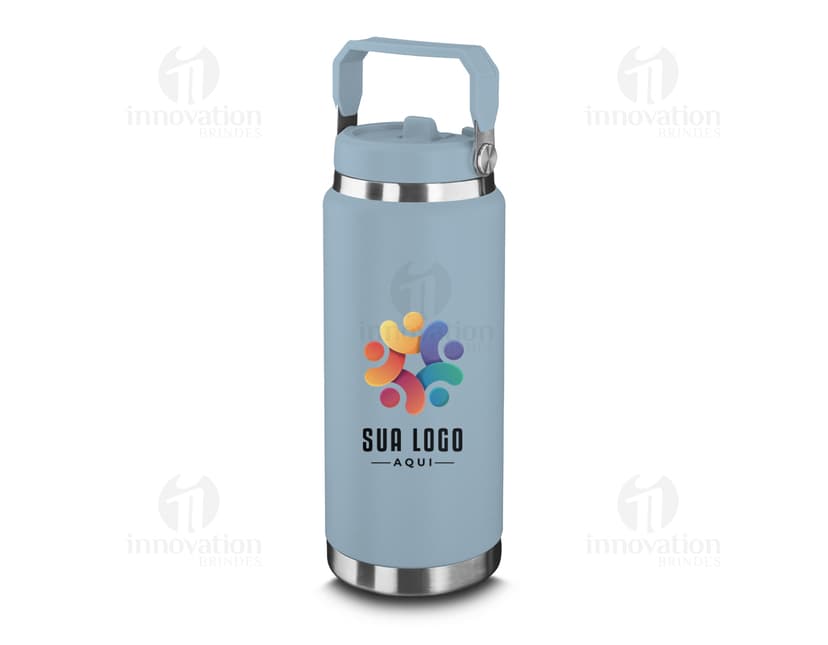 Garrafa Térmica de 900ml em metal prateado, com tampa amarela. O objeto é um recipiente para líquidos, indicado para manter a temperatura da bebida.