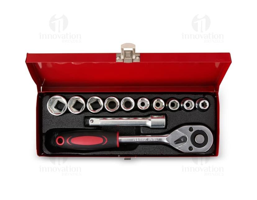Kit de ferramentas 12 peças em estilo vintage, com chave de fenda, chave inglesa e outras ferramentas em metal preto. Ideal para uso em home office ou estúdio de gravação de áudio.