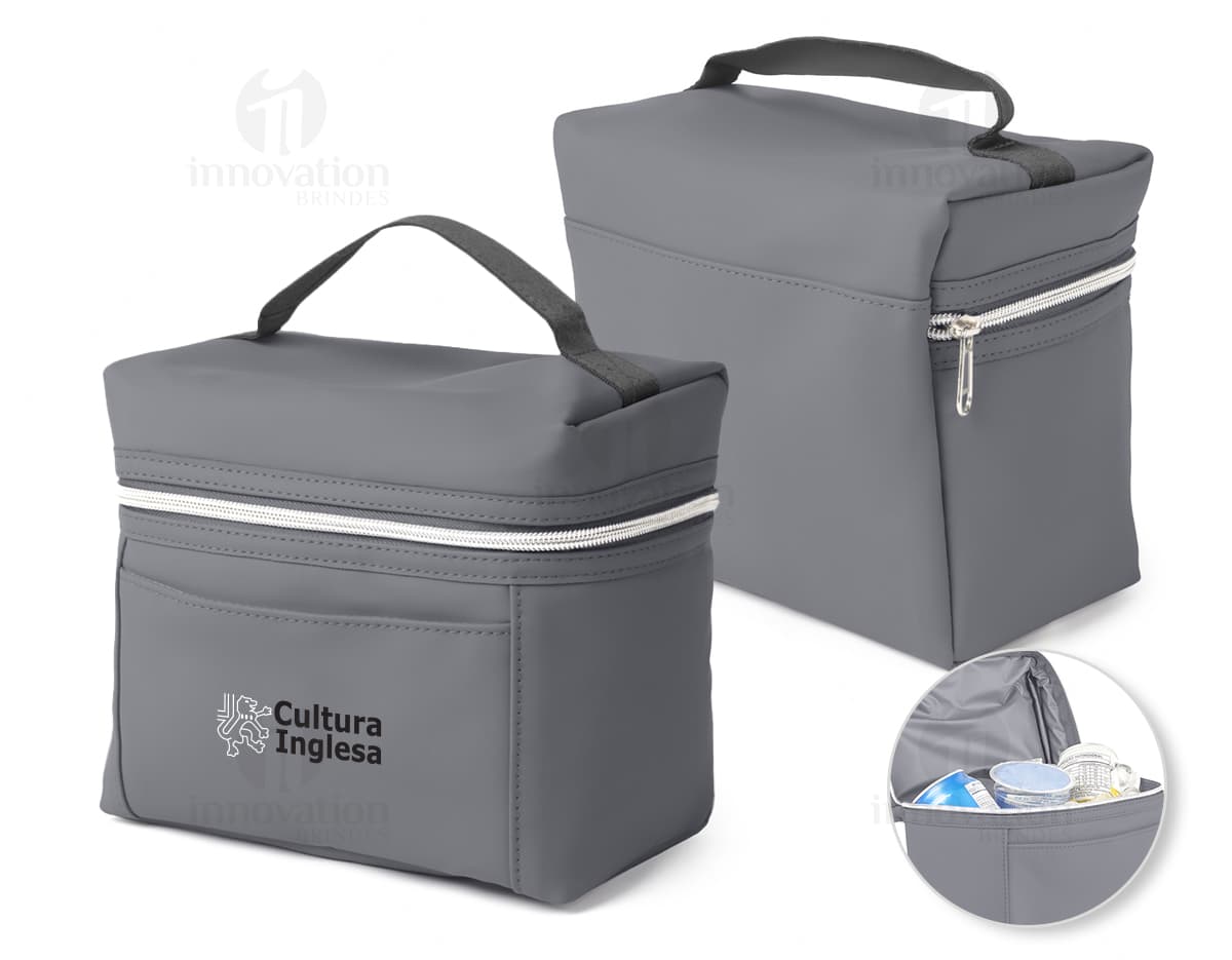 Bolsa térmica preta de metal com alça de couro, design moderno e fecho de segurança. Ideal para armazenar e transportar comida e bebida.