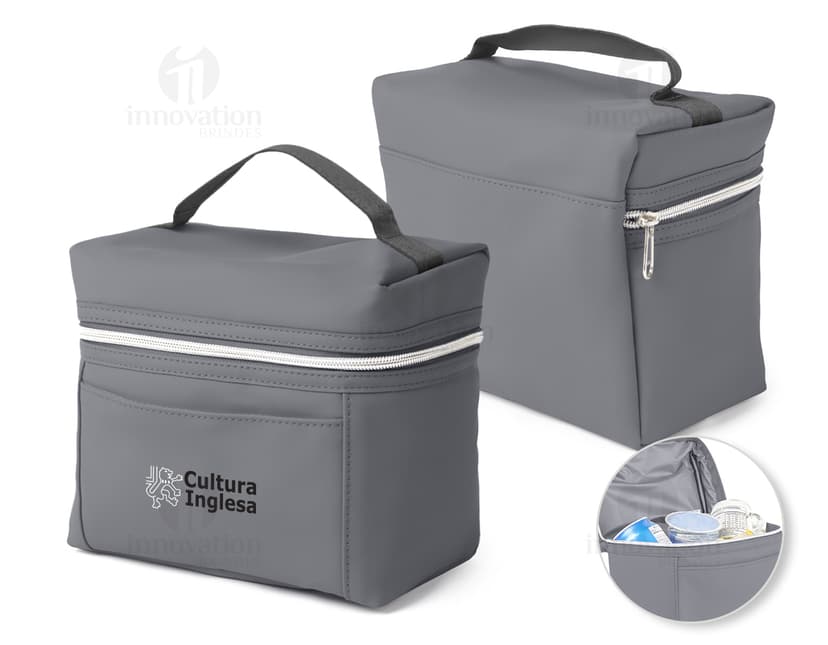 Bolsa térmica preta de metal com alça de couro, design moderno e fecho de segurança. Ideal para armazenar e transportar comida e bebida.