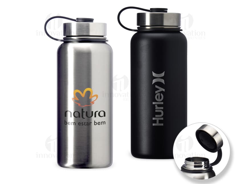 Garrafa térmica de inox de 950ml, vazia e brilhante, com tampa de plástico, ideal para armazenar líquidos frescos.