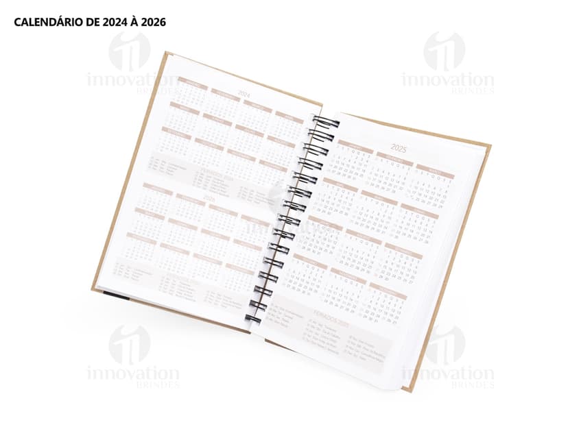 Foto de uma agenda diária para o ano de 2025, com capa marrom e textura de papel antigo. A agenda possui espiral, páginas em branco, listras amarelas e detalhes vintage. No fundo, um quadro antigo e desgastado complementa a composição.
