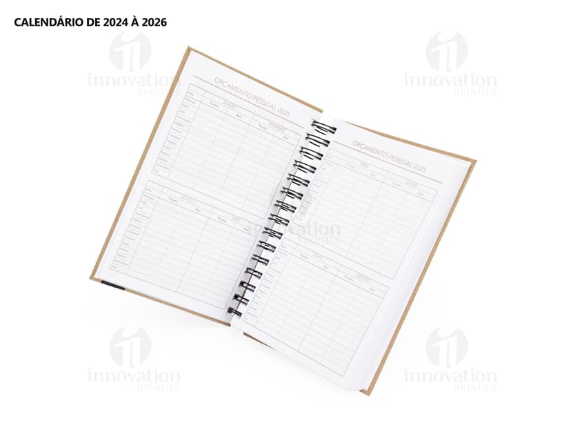 Foto de uma agenda diária para o ano de 2025, com capa marrom e textura de papel antigo. A agenda possui espiral, páginas em branco, listras amarelas e detalhes vintage. No fundo, um quadro antigo e desgastado complementa a composição.