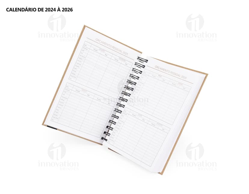 Notebook de papel em branco, vazio para anotações, com design de agenda diária 2025. Objeto de escritório, material de papelaria antigo e vintage, com textura listrada, espaço para escrever e desenhar. Perfeito para estudos, trabalho e lembretes.