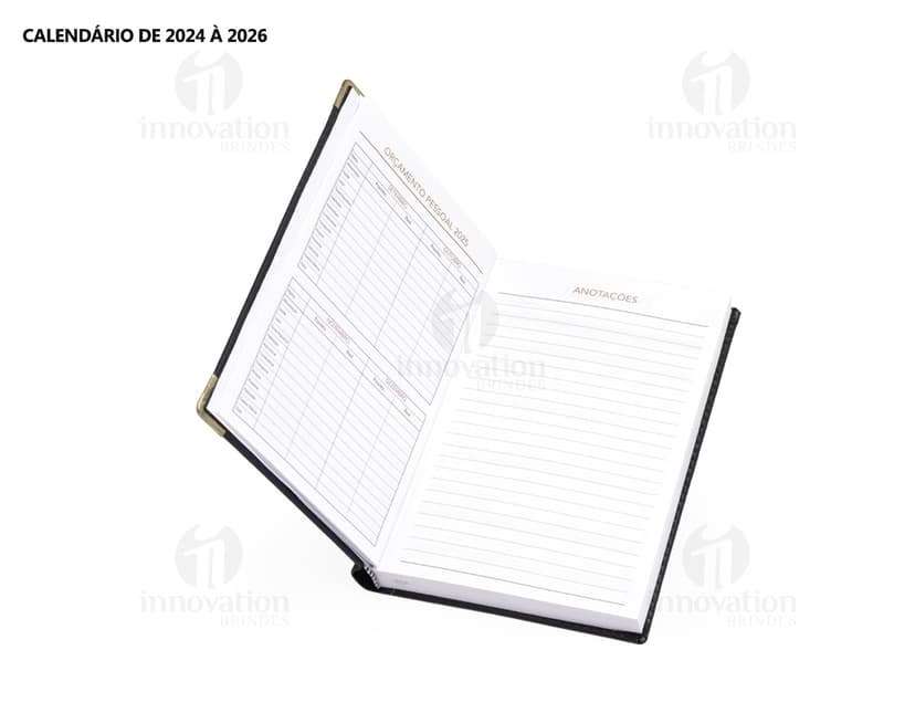 Agenda Diária 2025 em couro marrom com detalhes em metal, espaço em branco para anotações.