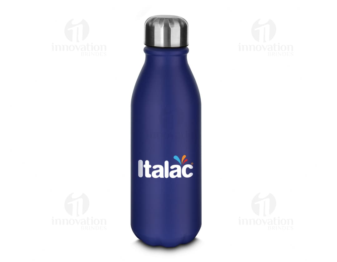 Garrafa de alumínio de 550 ml com rótulo, transparente, vazia, com tampa, em um ambiente iluminado.