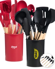 Kit de Utensílios de Cozinha com 12 peças, incluindo shopper, espátula, colher, garfo, faca, entre outros. O design colorido e brilhante é perfeito para festas e celebrações, além de ser um ótimo presente para chefs e entusiastas da culinária. Ideal para uso em restaurantes, escritórios ou em casa.