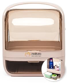 Caixa organizadora de cosméticos em acrílico transparente, com divisórias internas para guardar maquiagens e acessórios de beleza.