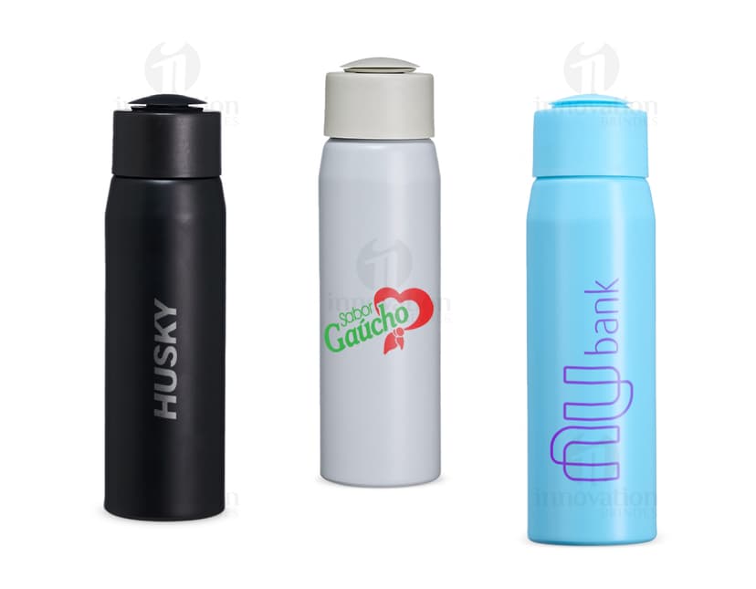 Garrafa de alumínio de 600ml na cor prata, com tampa de rosca e design elegante.
