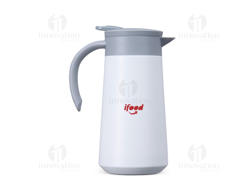 Garrafa térmica de 800ml em aço inoxidável com tampa e alça na cor prata.
