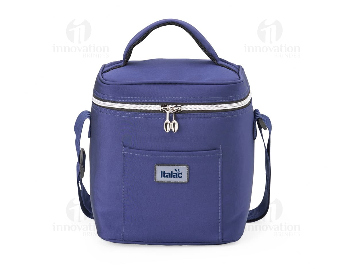 Bolsa Térmica 7 Litros para transporte de alimentos e bebidas, com alça ajustável e fecho em zíper. Disponível na cor azul marinho.