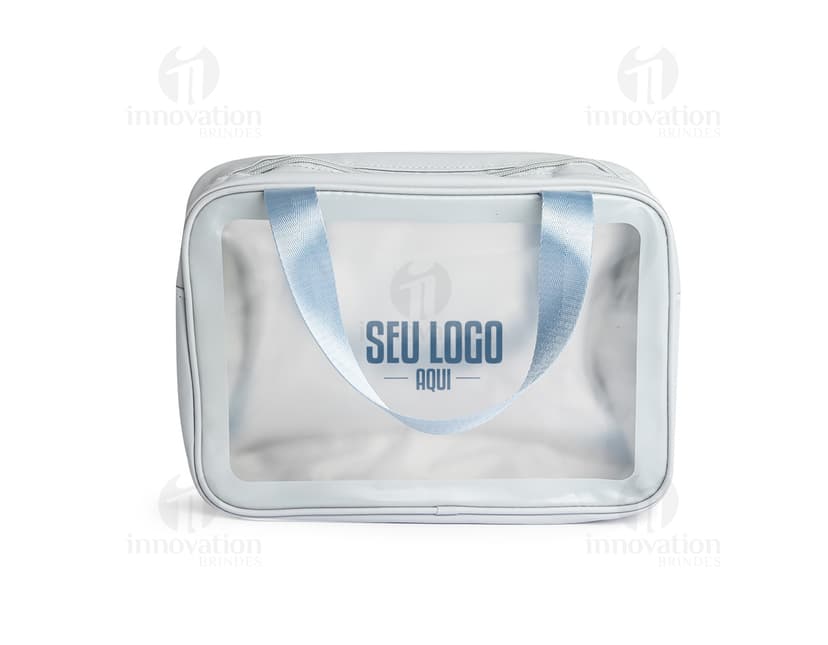 Nécessaire PVC transparente com zíper e alça.