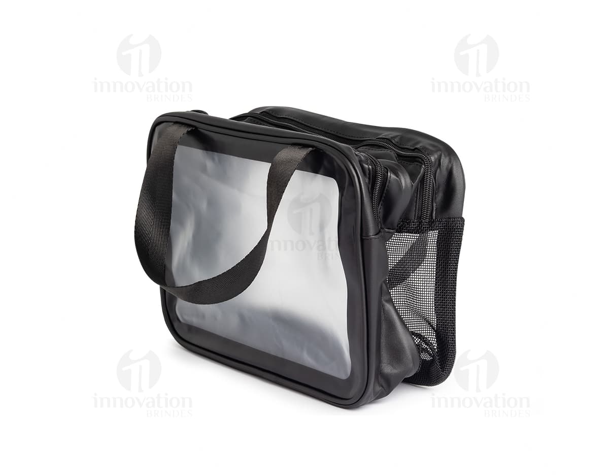 Nécessaire PVC transparente com zíper e alça.