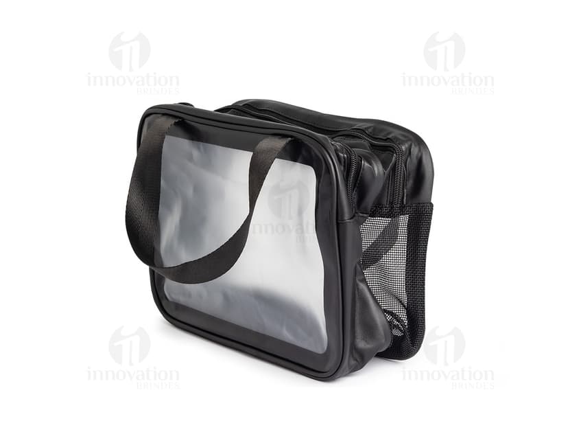Nécessaire PVC transparente com zíper e alça.