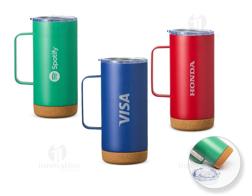 Caneca térmica de 500ml com revestimento de cortiça.