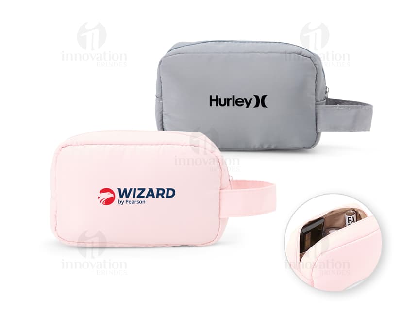necessaire de poliéster rosa vazia com design moderno, símbolo de economia e finanças, objetos domésticos em destaque.