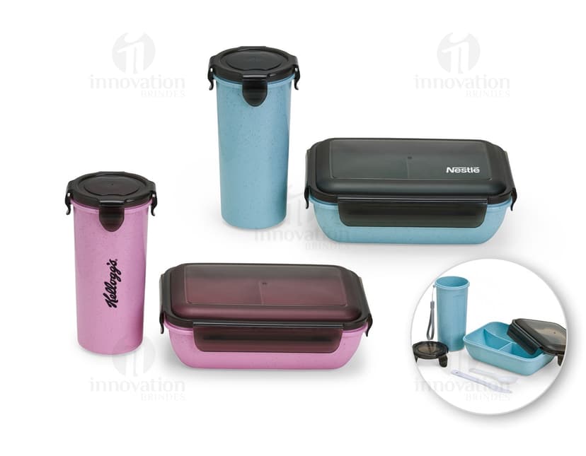 Kit Copo e Marmita Fibra de Bambu em tons de preto e prata. Feito de material de fibra de bambu, moderno e ecológico. Ideal para guardar alimentos e líquidos de forma segura e prática. Excelente para levar para o trabalho, viagens ou passeios. Além disso, fácil de limpar e transportar. Além disso, oferece a possibilidade de armazenar alimentos de forma segura.