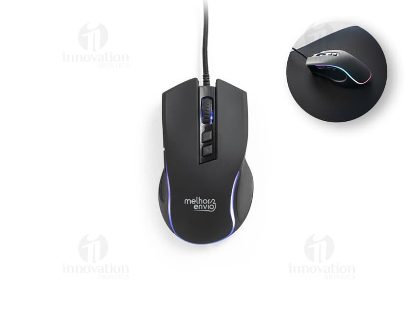 Mouse para jogos em cor preta e prata, com tecnologia óptica, botões de clique e rolagem, cabos de conexão, design moderno e sem fio. Ideal para uso em jogos de computador e equipamentos eletrônicos.