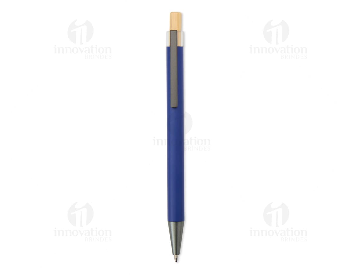 Caneta metal prateada com detalhes em dourado e tampa removível.