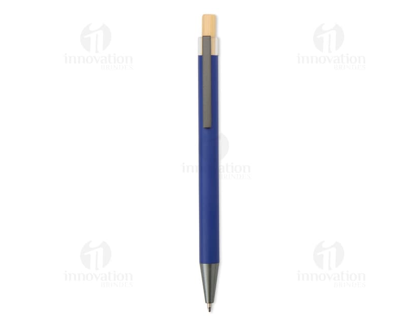 Caneta metal prateada com detalhes em dourado e tampa removível.